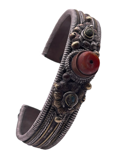 Antique Tibetan silver and coral bangle