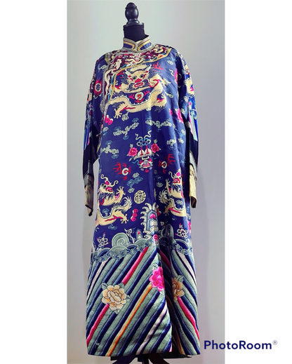 An antique blue silk embroidered dragon robe