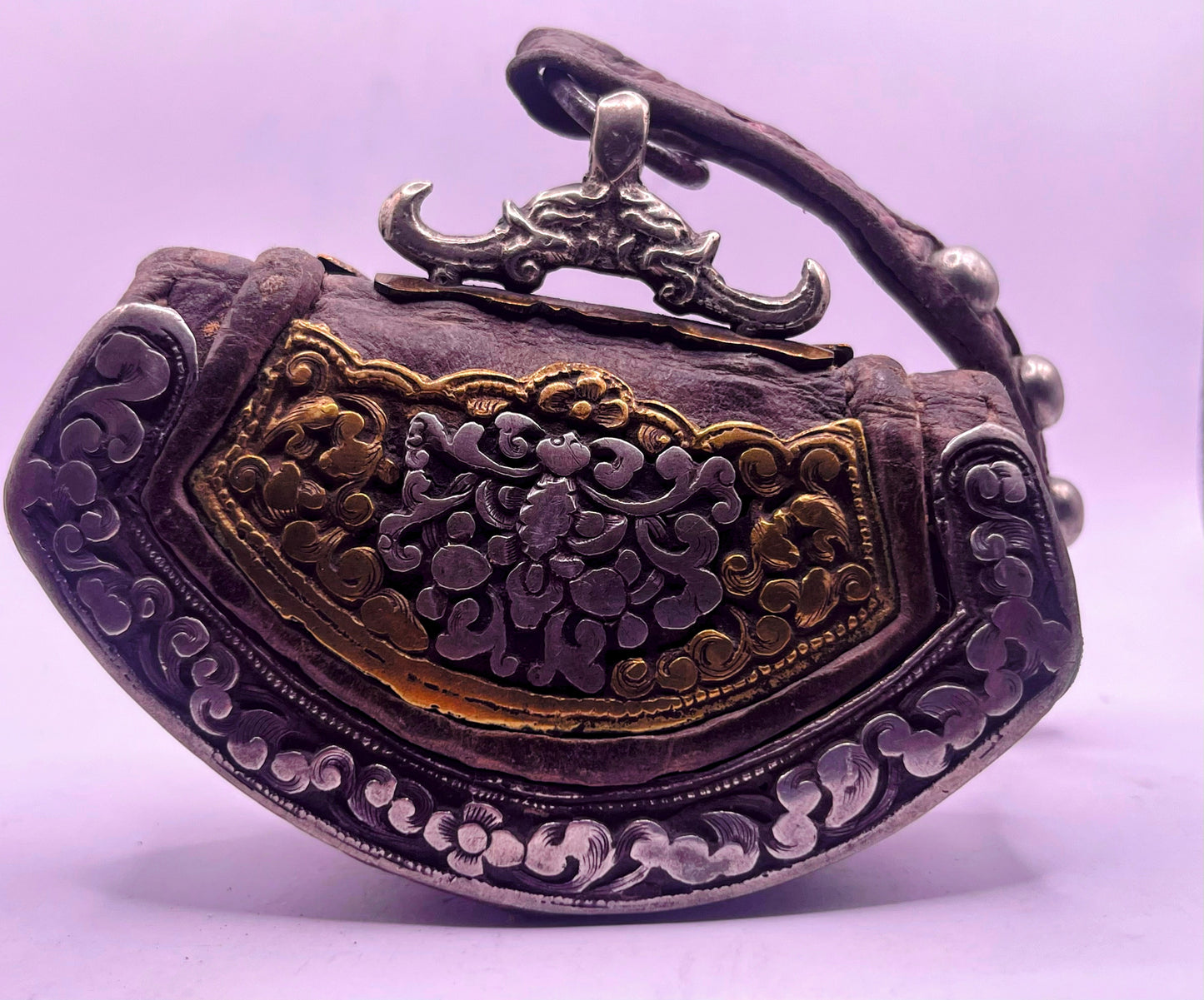 An antique Tibetan mechak purse with turquoise